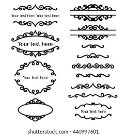 Set of vintage calligraphic frames and dividers. Silhouettes of floral ornaments and frames. Old styled decorative elements 