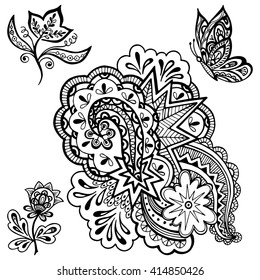 Set of Vintage Calligraphic Patterns, Symbolic Flowers, Butterfly and Abstract Ornament, Black Contours Isolated On White Background. Vector