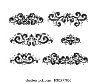Set of vintage calligraphic vignette or divider for greeting card, wedding invitation, menu, postcard. Decorative border, swirls ornament and page decoration in retro style. Vector illustration.