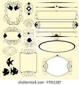 A set of vintage calligraphy with decorative fish. Vector illustration