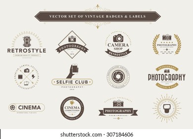 Set of vintage camera badges and labels