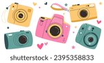 Set of vintage camera device in a cute flat style, isolated on the white background