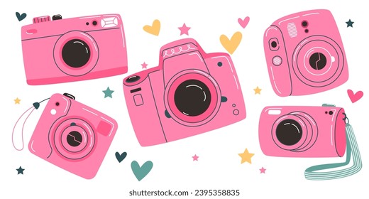 Set of vintage camera device in a cute flat style, isolated on the white background