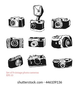 Set of vintage camera photography studio vector illustration. retro hand drawn isolated art