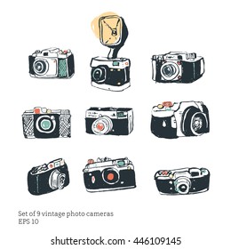 Set of vintage camera photography studio vector illustration. retro hand drawn isolated art