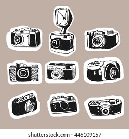Set of vintage camera photography studio vector illustration. retro hand drawn sticker art