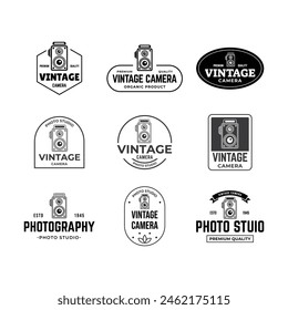 Set of Vintage Camera Photography Vector Label, Logo Template with Retro Typography.