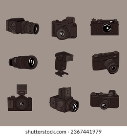 A set of vintage cameras and flashes
