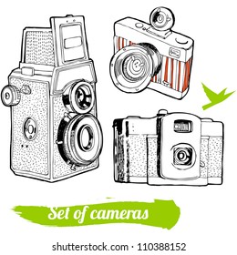 set of vintage cameras, hand-drawn
