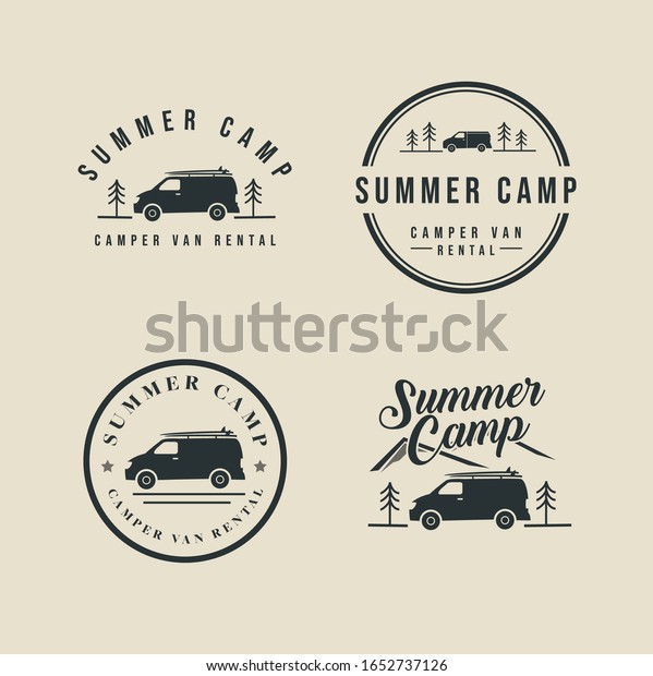 Set of vintage camper van car\
vector logo, emblems and badges isolated. Summer camp and\
surf.