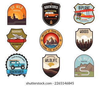 Set of vintage camping badges featuring various wilderness-themed designs including mountains, forests, and outdoor activities. Stock vector travel labels.