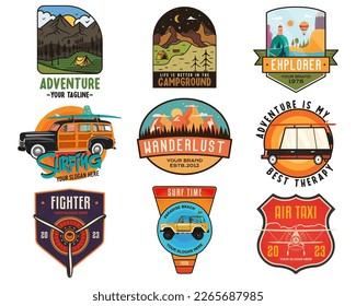 Set of vintage camping badges featuring various wilderness-themed designs including surfing, mountains, forests, and outdoor activities. Stock vector travel labels..