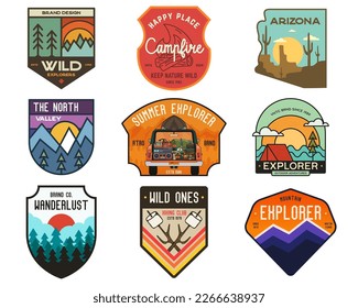 Set of vintage camping badges featuring various wilderness-themed designs including hiking, mountains, forests, and outdoor activities. Stock vector travel labels.