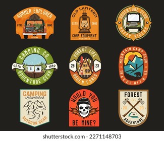 Set of vintage camping badges featuring various wilderness-themed designs including road trip, mountains, hiking, and outdoor activities. Stock vector travel labels.