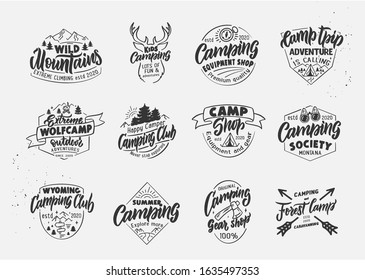 Set of vintage Camping emblems and stamps. Camp shop, outdoor badges, templates and stickers. Collection of retro Mountains logos with hand-drawn text and phrases. Vector illustration