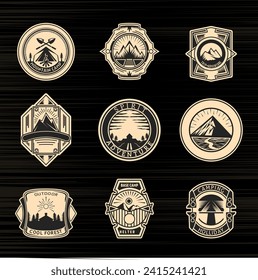 Set of vintage camping label stickers or outdoor adventure recreation theme logo emblems, vector illustration.