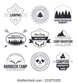 Set Of Vintage Camping And Outdoor Activity Logos. Vector Logo Templates And Badges With Forest, Trees, Mountain, Campfire, Tent, Antlers. National Parks And Nature Exploration Symbols.