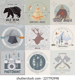 Set of vintage camping and outdoor activity logo: mining, hunting equipment, camp in the mountains, deers and bears.