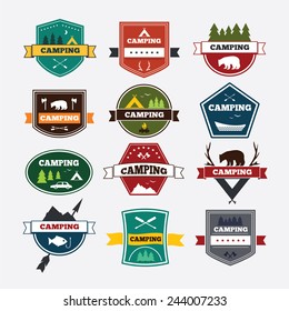 Set of vintage camping and outdoor activity logos. Vector logotypes and badges. National parks and nature exploration symbols.