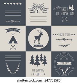 Set of vintage camping and outdoor activity logos. Vector logo templates and badges with forest, trees, feathers, arrows, tent, deer, antlers. National parks and nature exploration symbols.