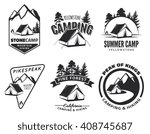 Set of vintage camping and outdoor adventure emblems, logos and badges. Camp tent in forest or mountains. Camping equipment. Vector.