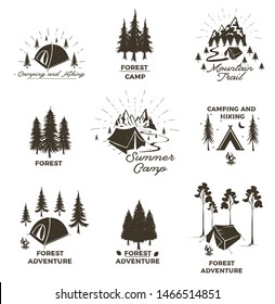 Set of vintage camping and outdoor adventure emblems, logos and badges. Camp tent in forest or mountains. Camping equipment. Summer camp with design elements. Vector illustration. Camping and outdoor.