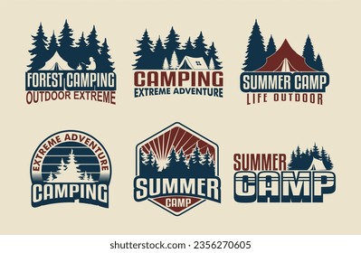 Set of vintage camping and outdoor adventure emblems, logos and badges. Camp tent campfire in forest or mountains. print, stamp, travel badges or tee. Design with rv trailer, camping tent, campfire.