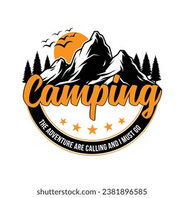 Set of vintage camping and outdoor adventure emblems, logos and badges. Camp tent in forest or mountains. Camping equipment. Vector.