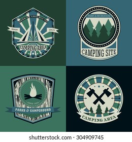 Set of vintage camping and outdoor adventure logo badges and labels. Retro vector illustration