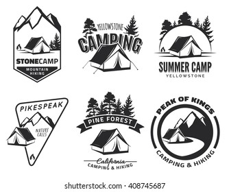 Set of vintage camping and outdoor adventure emblems, logos and badges. Camp tent in forest or mountains. Camping equipment. Vector.