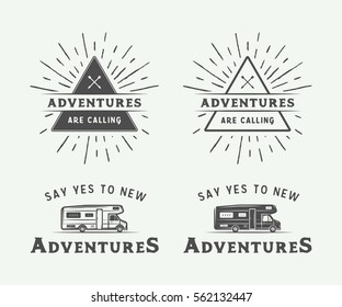 Set of vintage camping outdoor and adventure logos, badges, labels, emblems, marks and design elements. Monochrome graphic Art. Vector Illustration.

