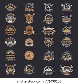 Set of vintage camping, outdoor adventure emblems. Vector retro labels. Logo design templates. 