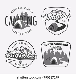 Set of vintage camping and outdoor adventure emblems, logos and badges. Camp tent in forest or mountains. Camping equipment. Vector.