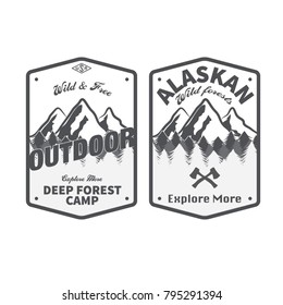 Set of vintage camping and outdoor adventure emblems, logos and badges. Camp tent in forest or mountains. Camping equipment. Vector. Print and banner. Shirt design