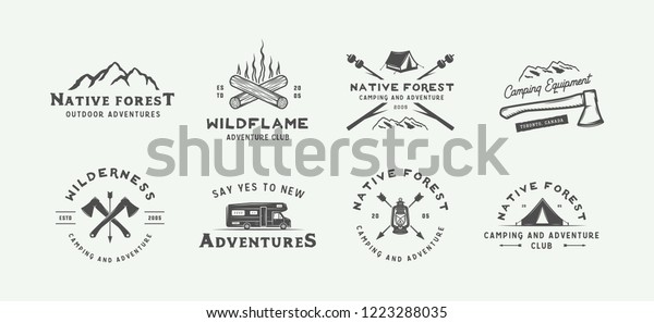 Set of vintage camping outdoor and\
adventure logos, badges, labels, emblems, marks and design\
elements. Graphic Art. Vector\
Illustration.\
