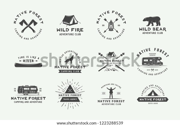 Set of vintage camping outdoor and\
adventure logos, badges, labels, emblems, marks and design\
elements. Graphic Art. Vector\
Illustration.\
