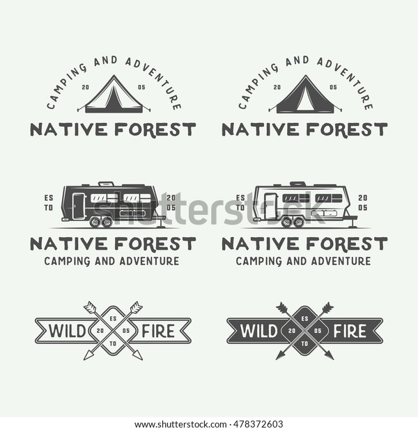 Set of vintage camping outdoor and\
adventure logos, badges, labels, emblems, marks and design\
elements. Graphic Art. Vector\
Illustration.