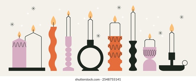 A set of vintage candle holder. Candlestick collection. Scandinavian design. Hygge Christmas. Modern house interior decor elements. Burning candles vector illustration. Flat trendy abstract style