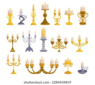 Set of Vintage Candleholders Featuring Ornate Designs And Delicate Craftsmanship In A Variety Of Styles And Sizes, Perfect For Creating An Intimate And Cozy Atmosphere. Cartoon Vector Illustration