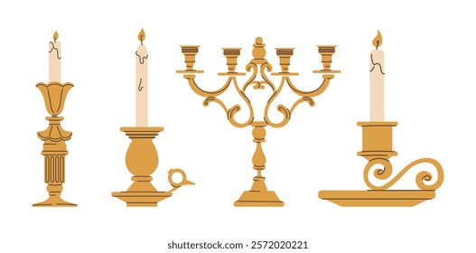 Set of vintage candlesticks with lit candles in different designs. Flat vector illustration isolated on a white background. Antique decor and lighting concept