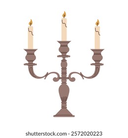 Set of vintage candlesticks with lit candles in different designs. Flat vector illustration isolated on a white background. Antique decor and lighting concept