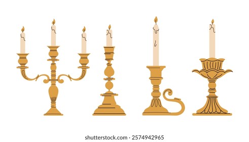 Set of vintage candlesticks with lit candles in different designs. Flat vector illustration isolated on a white background. Antique decor and lighting concept