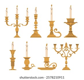 Set of vintage candlesticks with lit candles in different designs. Flat vector illustration isolated on a white background. Antique decor and lighting concept