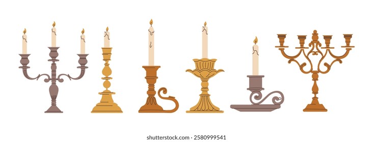 Set of vintage candlesticks with lit candles in different designs. Flat vector illustration isolated on a white background. Antique decor and lighting concept