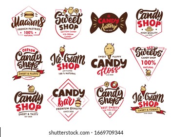 Set of vintage Candy emblems and stamps. Colorful Sweet shop badges, templates, stickers on white background. Collection of logos, hand-drawn text, phrases. Vector illustration