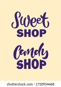 Set von Vintage-Candy-Emblemen und Briefmarken. Farbige süße Abzeichen, Aufkleber mit Rochen. Sammlung von Logos mit handgezeichneten Text, Symbolen, Phrasen. Vektorgrafik