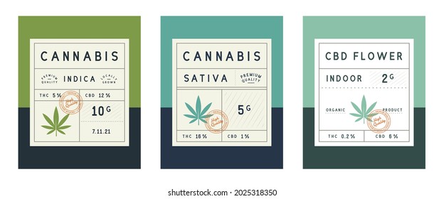 Set Of Vintage Cannabis Labels. Cannabis, Marijuana Packaging Design. Cannabis Sativa, Indica, CBD Flower. Vintage Old Labels Design. Vector Illustration