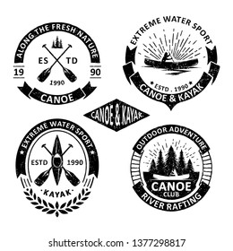 Set of vintage canoe badges labels, emblems and logo