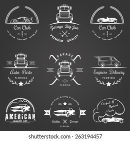 Set of vintage car club, drift club, auto parts and garage labels, badges and design elements. Badges trucks, vintage cars and sports cars.