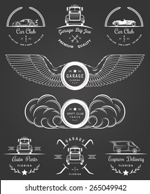 Set of vintage car club, drift club, auto parts and garage labels, badges and design elements. Badges trucks, vintage cars and sports cars. Set of vintage car club, drift club, auto parts and garage labels, badges and design elements. Badges trucks, vintage cars and sports cars.